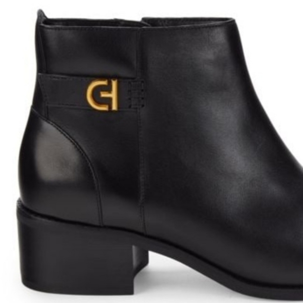Cole Haan Womens Holis Black Leather Gold Logo Side Buckle Heeled Ankle Boot 9.5 - Picture 10 of 16